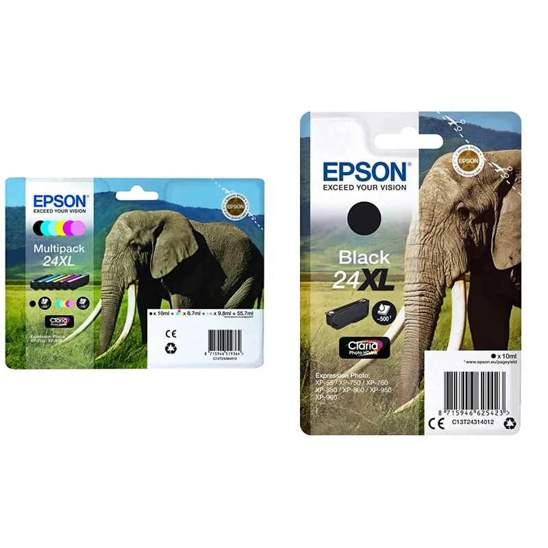 Epson 24 X-Large Series Elephant Ink Cartridge, Multipack, Genuine & C13T24314012 24 X-Large Series Elephant Ink Cartridge, Black