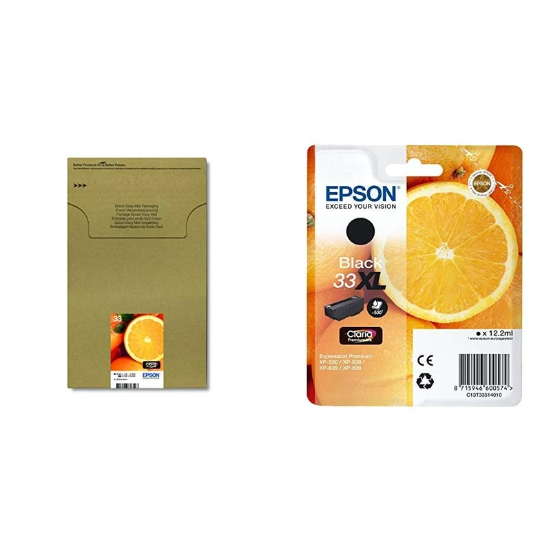 Epson 33 EasyMail Claria Premium Ink, Five Colours, Multipack &C13T33514012 33 X-Large Claria Oranges Premium Ink Cartridge, Black, Genuine