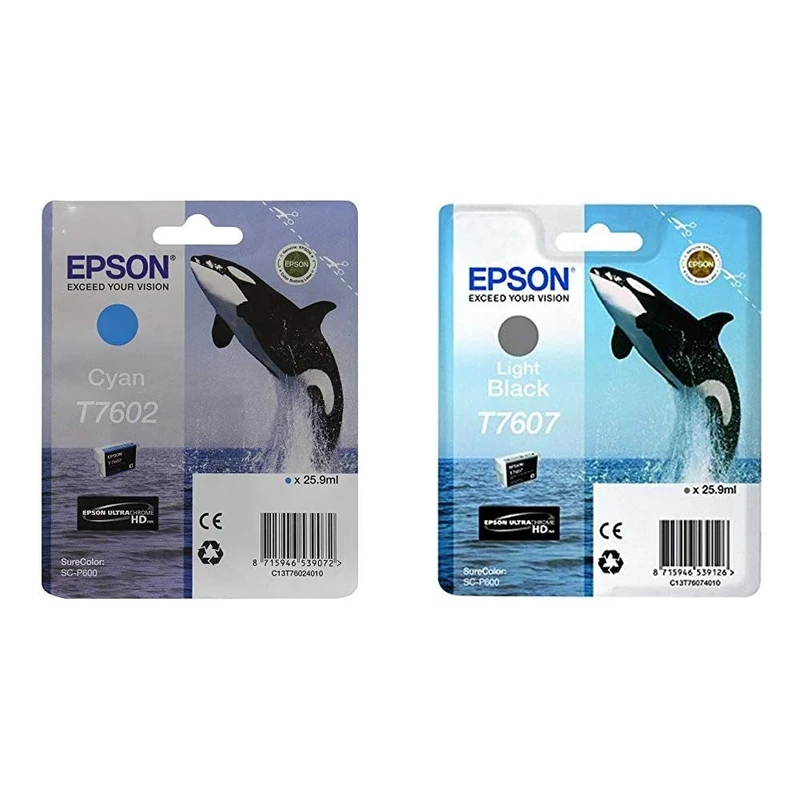 Epson C13T76024010 T7602 Ink Cartridge, Cyan, Genuine & C13T76074010 T7607 Ink Cartridge, Light Black, Genuine