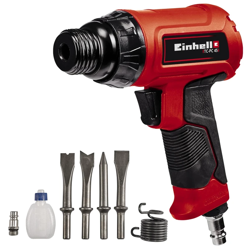 Einhell TC-PC 45 Compressed Air Chisel Hammer for Working on Stone and Metal, Includes 4-Piece 120 mm Chisel Set, Oil Bottle (Not Included), Plug Nipple, Tension Spring and Carry Case