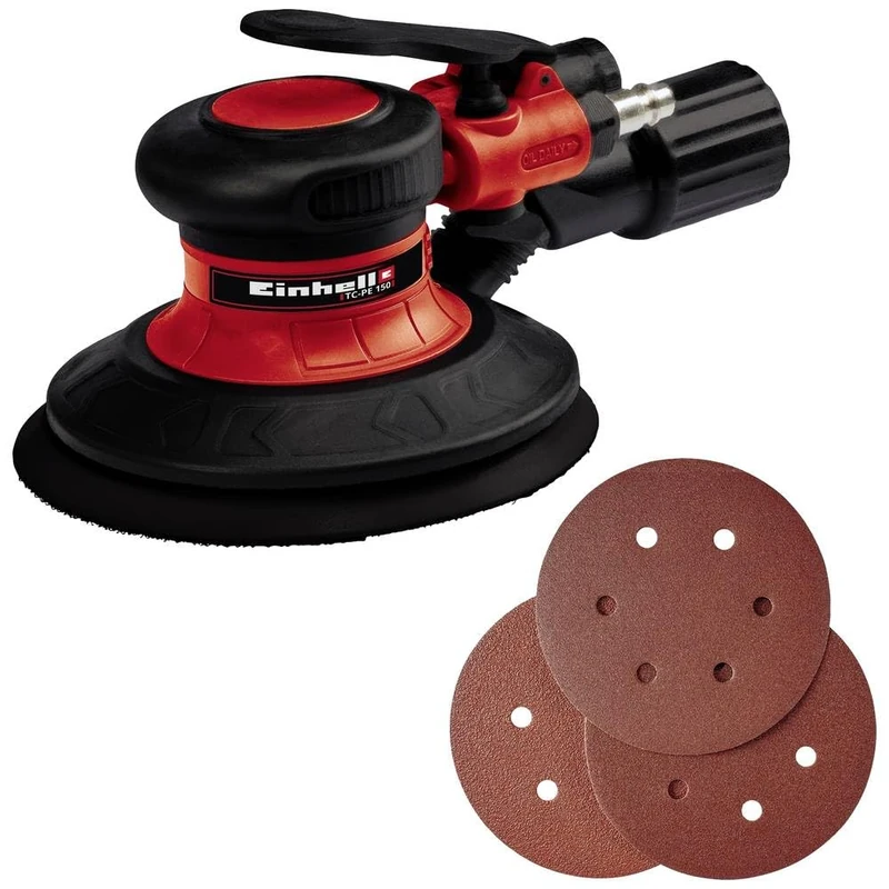 Einhell TC-PE 150 Compressed Air Random Orbital Sander (150 mm Sanding Disc Diameter, Continuous Control Lever, Includes 6 Sandpapers, Plug Nipple, Tension Wrench)
