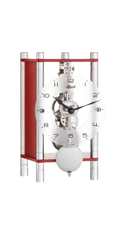 Hermle Skeleton Table Clock with Anodised Aluminium Columns - Trapezoid 23036-360721, Arabic Dial Glass, Red, Mechanism, Nickel-Plated, 19.5 cm x 11 cm x 9 cm