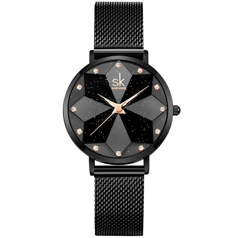 SHENGKE Creative Starry Sky Women Watch with Stainless Steel Mesh Band Genuine Leather Elegant Floral Women Watches(Starry-Mesh Band-Black)