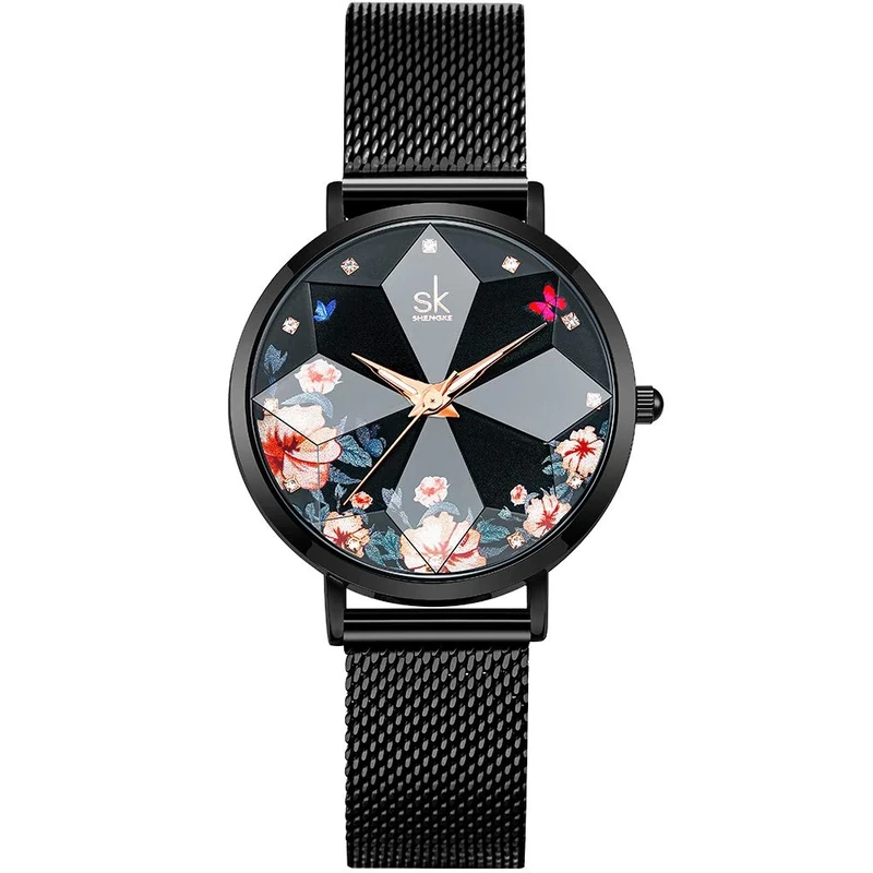 SHENGKE Creative Starry Sky Women Watch with Stainless Steel Mesh Band Genuine Leather Elegant Floral Women Watches(Flower-Mesh Band-Black)