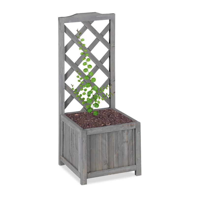 Relaxdays Planter Box with Trellis, Weatherproof, Wooden, Balcony, Garden Bed, Wine, 90 cm Lattice, Grey