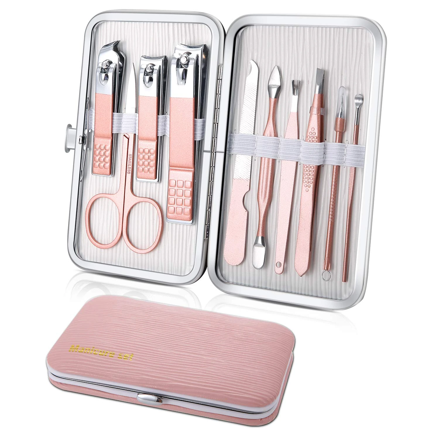 Manicure Set 10pcs Professional Nail Clippers Kit Pedicure Care Tools-Stainless Steel Grooming Tools for Travel (Pink)