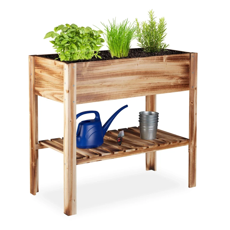 Relaxdays Wooden Raised Garden Bed, Shelf, Balcony Planter Box, Patio & Garden, HWD 80 x 88 x 43.5 cm, Flamed