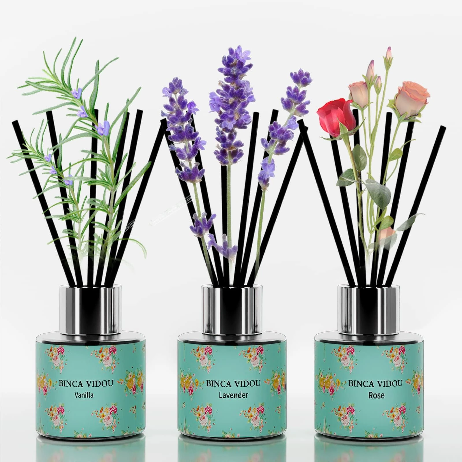 Binca Vidou Reed Diffuser Set of 3, binca vidou Lavender, Rose, Vanilla Fragrance Reed Oil Diffuser Set with Rattan Reeds for Office Bathroom Living Room 50ml