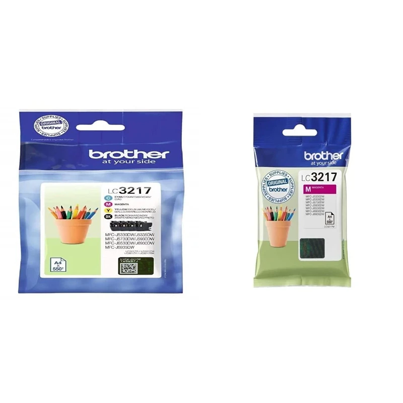 Brother LC-3217BK/LC-3217C/LC-3217M/LC-3217Y Inkjet Cartridges, Black/Cyan/Magenta/Yellow, 4 x Inkjet Cartridges & LC-3217M Inkjet Cartridge, Magenta, Single Pack, Standard Yield, 1 x Inkjet Cartridge