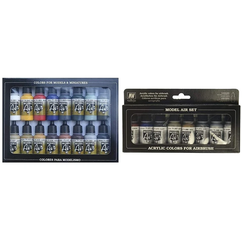 Vallejo Model Air Basic Colors Acrylic Paint Set for Air Brush - Assorted Colours (Pack of 16) &Model Air Metallic Colors Acrylic Paint Set for Air Brush - Assorted Colours (Pack of 8)