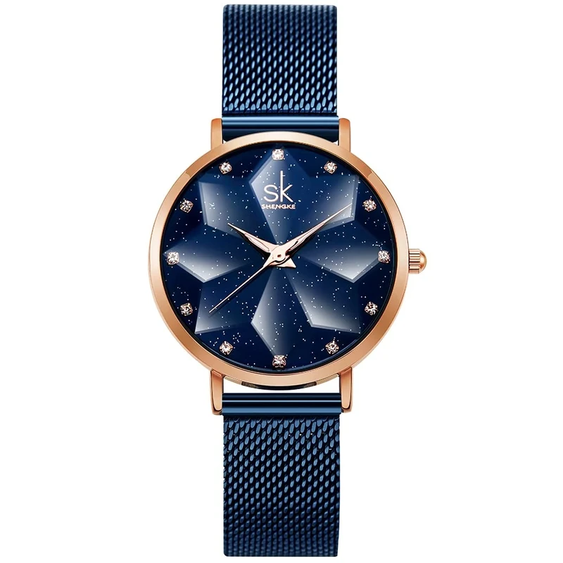 SHENGKE Creative Starry Sky Women Watch with Stainless Steel Mesh Band Genuine Leather Elegant Floral Women Watches(Starry-Mesh Band-Blue)