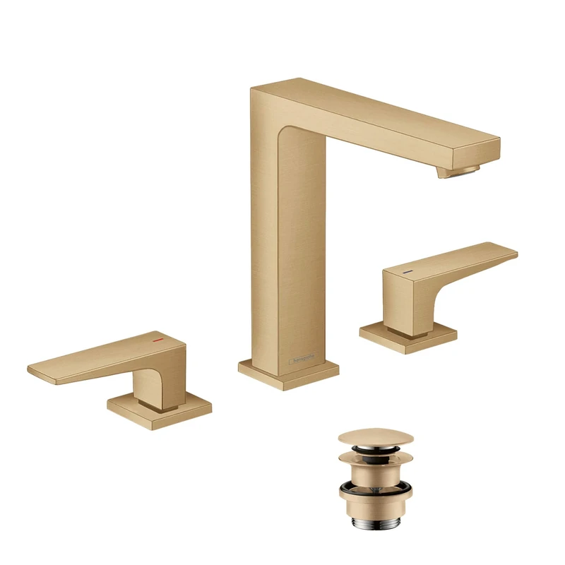 hansgrohe 32515140 Metropol 160 with Lever Handles and Push-Open Drain Fitting Brushed Bronze 3-Hole Washbasin Tap
