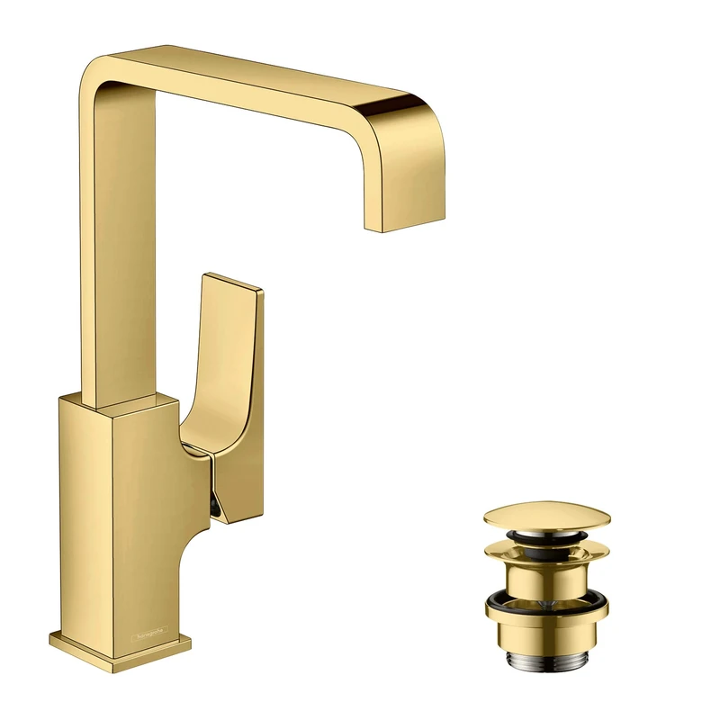 hansgrohe 32511990 Metropol 230 Single Basin Mixer Tap with Lever Handle and Push-Open Drain Fitting Look, Polished Gold Optic, spout Height 230 mm