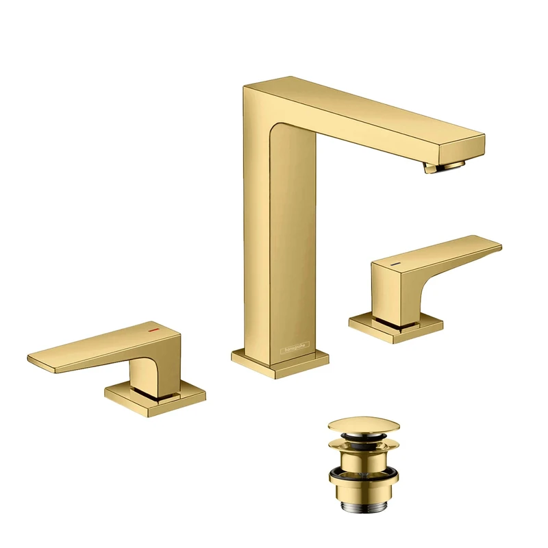 Hansgrohe 32515990 Metropol 3-Loch Waschtischarmatur 160 mit Hebelgriffen und Push-Open Ablaufgarnitur Optic 3-Hole washbasin Mixer tap, Polished Gold Look
