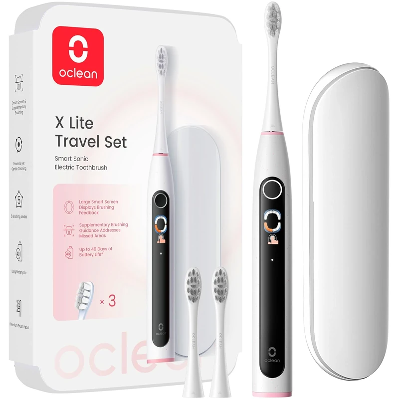 Oclean X Lite Smart Sonic Electric Toothbrush Set, Large Smart Screen, 8 Areas Tracking, One-Click Extra Brushing, 5 Modes, 2 Replacement Heads & Travel Case, IPX7 Waterproof, USB C Rechargeable(Gray)