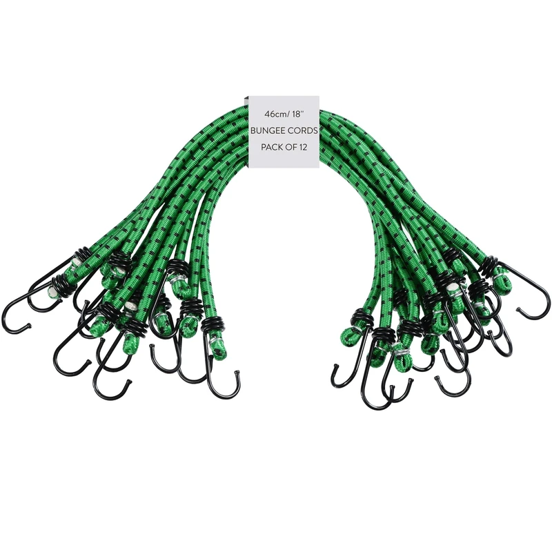 PRETEX Heavy Duty Bungee Cords with Hooks - Set of 12 - Extra Strong Bungees for Camping & Outdoors - Elastic Tie Down Luggage Straps - Universal Cord - 45.7 cm (18") Long, Green