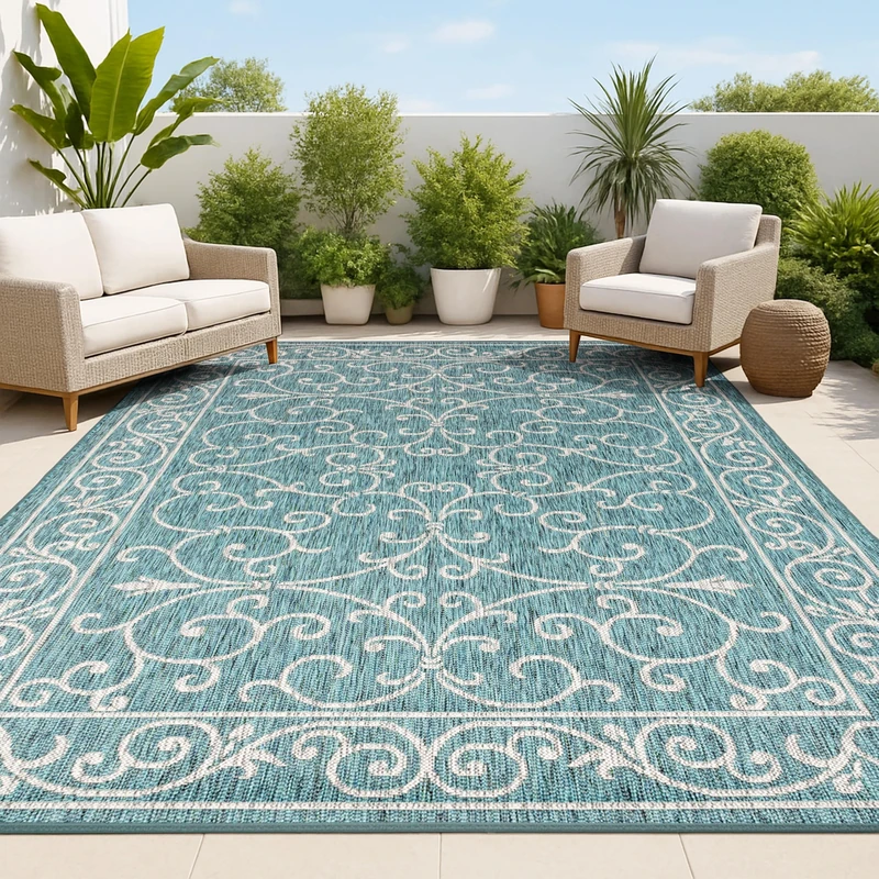 JONATHAN Y SMB106F-8 Charleston Vintage Filigree Textured Weave Indoor Outdoor Area Rug, Classic, Traditional, Easy Clean,Bedroom,Kitchen,Backyard,Patio,Non Shed, Teal/Gray, 240 cm X 300 cm