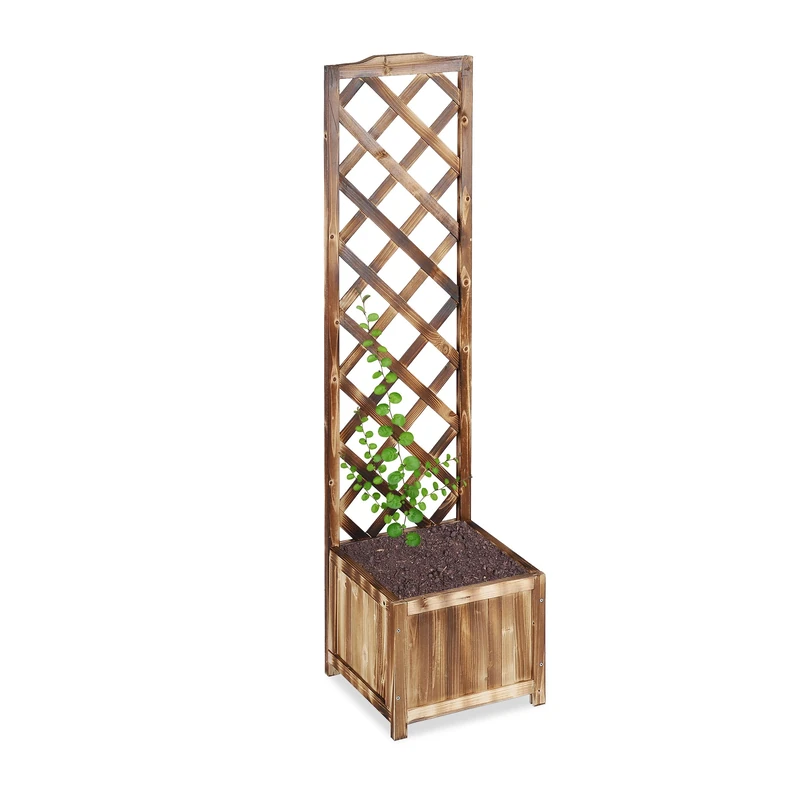 Relaxdays Planter Box with Trellis, Weatherproof, Wooden, Balcony, Garden Bed, Wine, 147 cm Lattice, Flamed