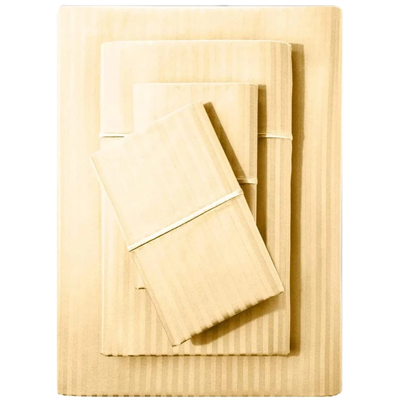 Feather & Stitch Full Size Damask Stripe Sheet Set - 4 Piece Set, Ultra Soft 100% Cotton Sheets, 500 Thread Count Luxury Sateen Weave, Deep Pocket Bedsheets, with 2 Pillowcases (Full, Semolina)