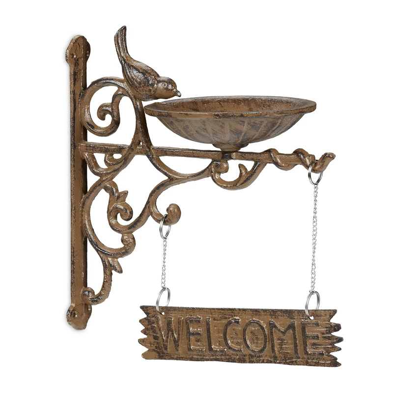 Relaxdays Cast Iron Hanging Bird Bath with WELCOME Sign, Garden Decor, Feeding Bowl, Font for Wild Birds, Brown