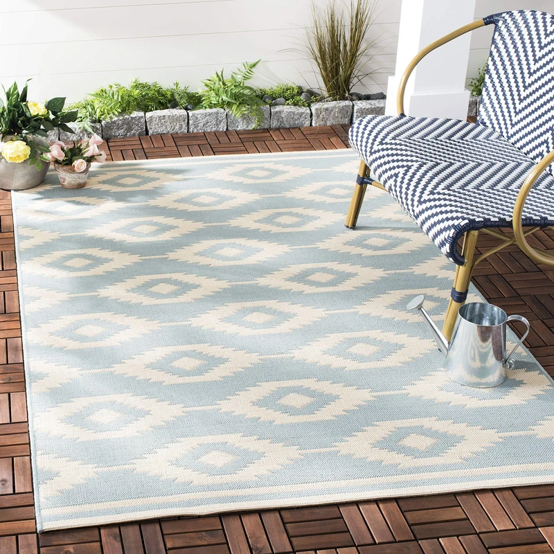 SAFAVIEH Tribal Rug for Indoor & Outdoor - Beachhouse Collection, Short Pile, in Cream and Aqua color, 201 X 201 cm - Image 1