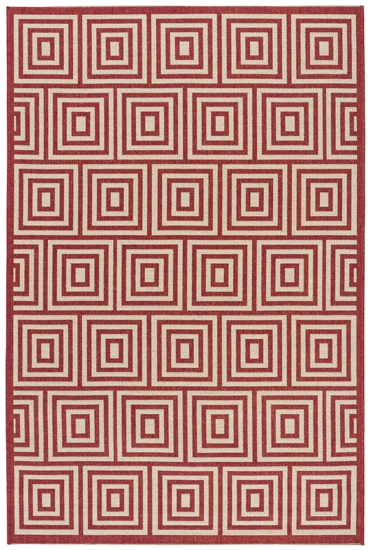 SAFAVIEH Geometric Rug for Indoor & Outdoor - Beachhouse Collection, Short Pile, in Red and Creme color, 79 X 152 cm