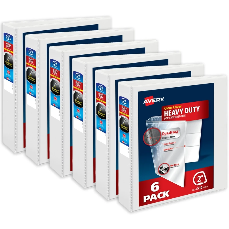 Avery Heavy-Duty View 3 Ring Binders, 2 Inch One Touch Slant Rings, DuraHinge, 2.8 Inch Wide Spine, Customizable Clear Cover and Spine, White Binders (6-Pack of 79792)