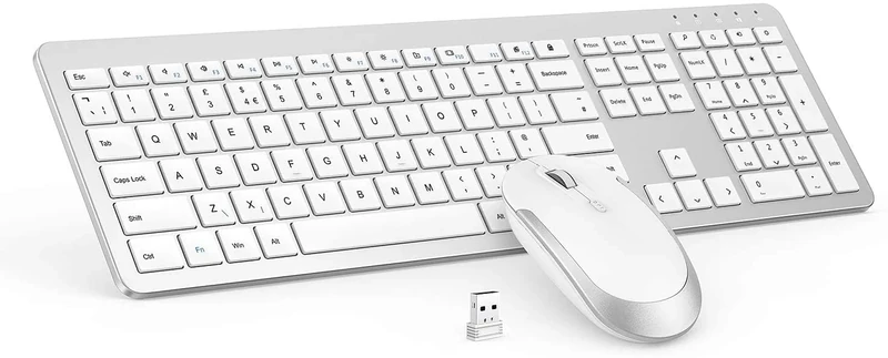 seenda Wireless Keyboard and Mouse Set, SK38 Ultra Slim Quiet USB Wireless Keyboard and Mouse Full Size QWERTY UK Layout with Numeric Keypad for Windows PC, Laptop, Computer, White and Silver