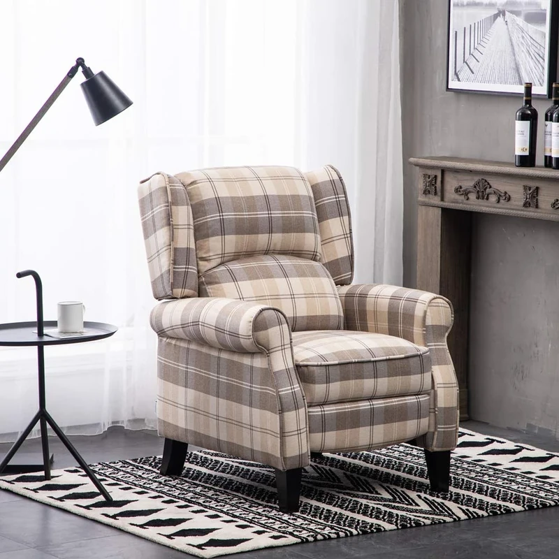 Warmiehomy Wing Back Recliner Chair Fabric Tartan Lounge Armchair Sofa Reclining Chair with Solid Wood Legs for Living Room Bedroom (Tartan Beige)