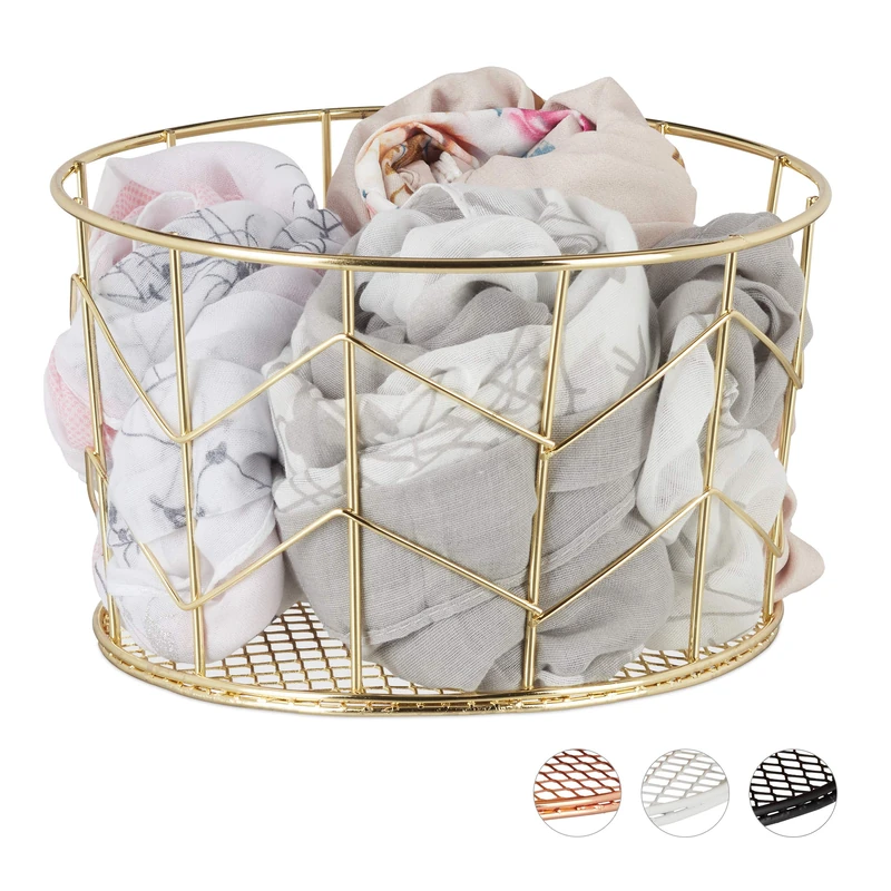 Relaxdays Wire Mesh Basket, Round Vintage Fruit Bowl, Decorative, Kitchen Accessory, Storage, Metal, ∅ 22 cm, Gold