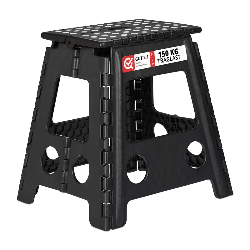 Relaxdays XL Folding Stool, Portable, Large Bathroom Step Stool, For up to 120 kg, Plastic, 39.5 cm Tall, Black