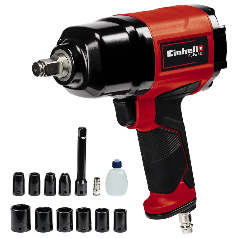 Einhell Compressed air Impact Wrench TC-PW 610 (max. Torque 610 Nm, max. 6.3 bar, clockwise Rotation, 10 sockets, Oil Bottle (Empty), Plug-in Nipple, Extension 125 mm, Transport case)
