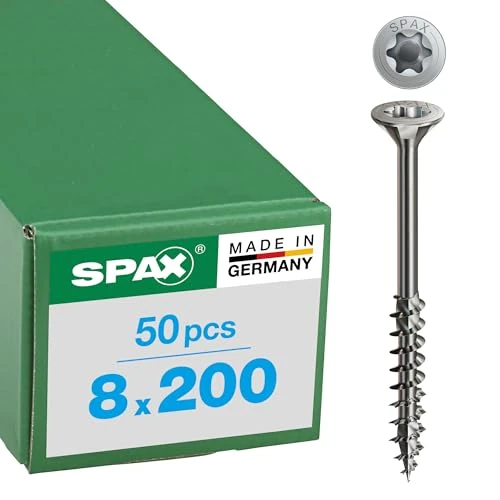 Stainless Steel Screw, 8 x 200 mm, Pack of 50, Partially Threaded, Countersunk Head, T-Star Plus T40, 4CUT, Stainless Steel A2-0197000802005