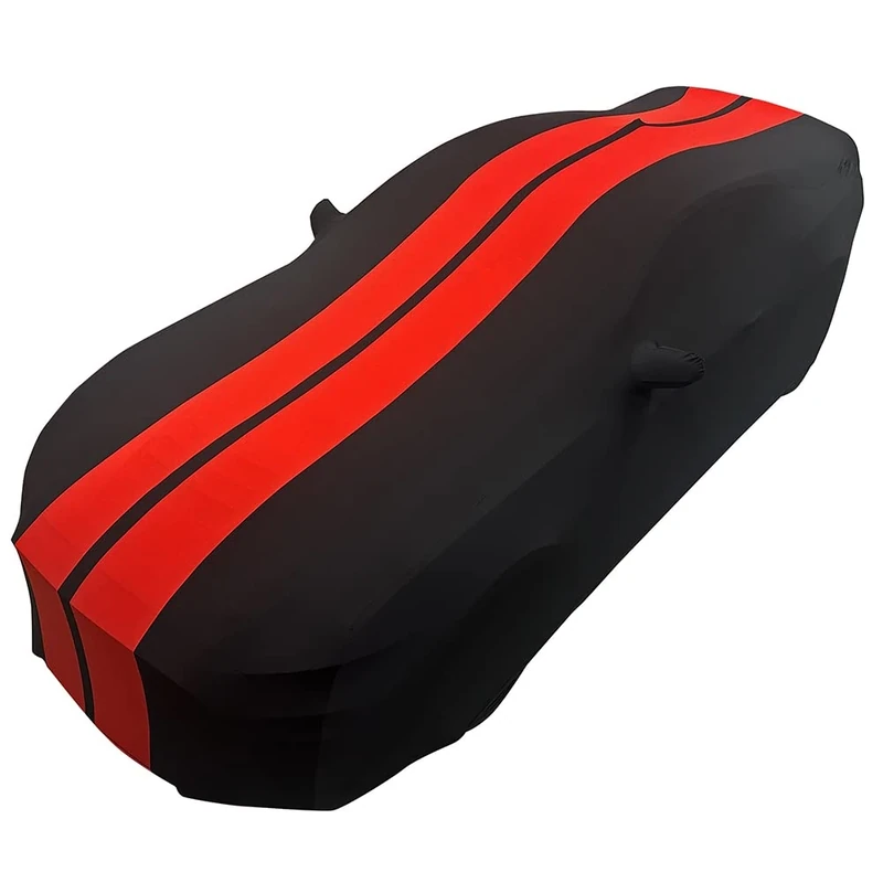 Mustang Indoor Car Cover - Ultraguard Sport Series Stretch Satin The Ultimate Custom Fit : Black with Red Stripes for 2005-2023 Ford Mustang V6/Ecoboost/GT/Bullitt/Shelby GT350