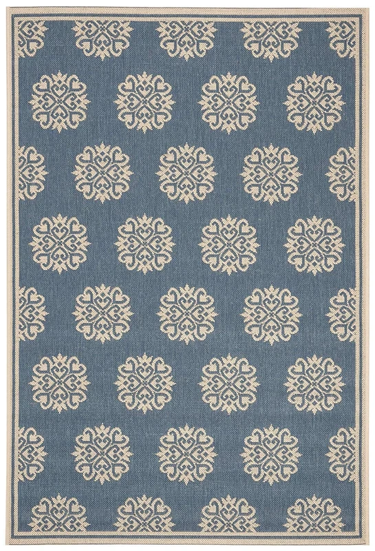 SAFAVIEH Small Medallion Rug for Indoor & Outdoor - Beachhouse Collection, Short Pile, in Cream and Blue color, 79 X 152 cm