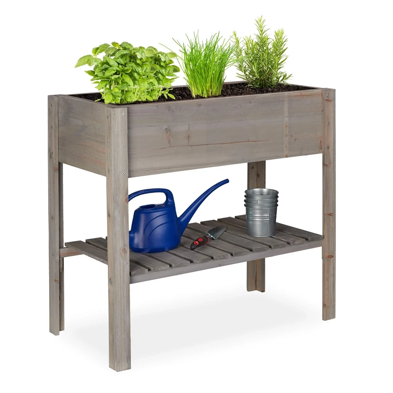 Relaxdays Wooden Raised Garden Bed, Shelf, Balcony Planter Box, Patio & Garden, HWD 80 x 88 x 43.5 cm, Grey