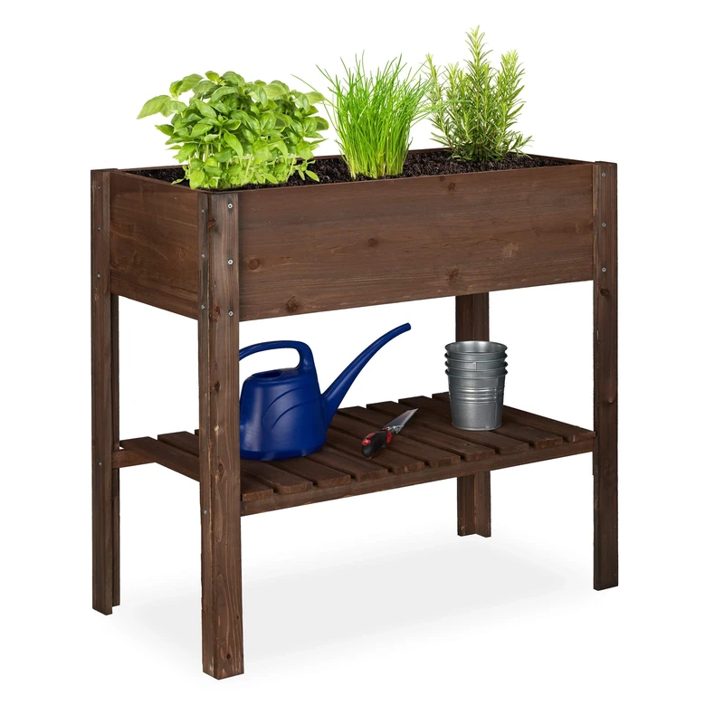 Relaxdays Wooden Raised Garden Bed, Shelf, Balcony Planter Box, Patio & Garden, HWD 80 x 88 x 43.5 cm, Dark Brown