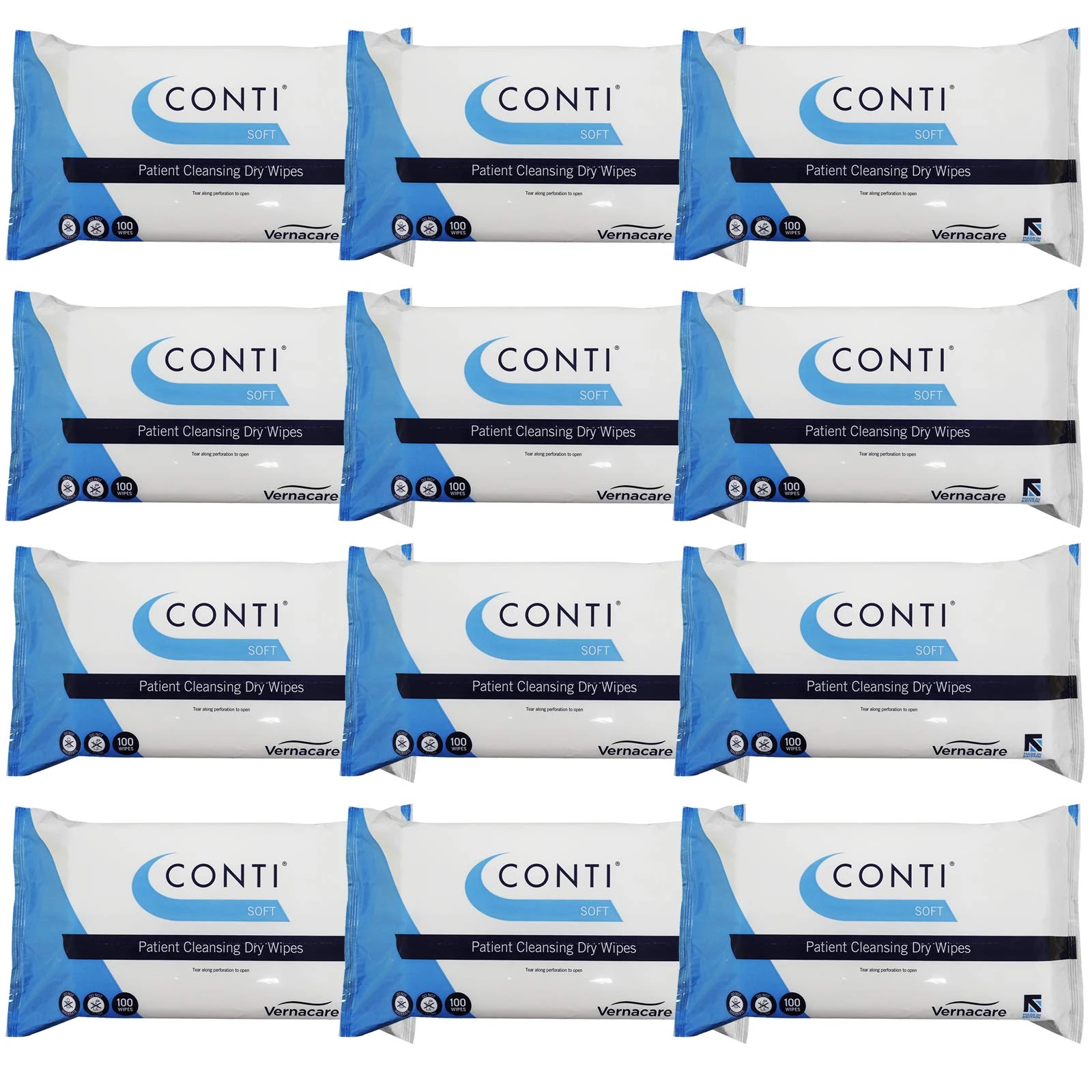 Conti Soft - Patient Cleansing Dry Wipes, Everyday Cleaning, Ideal for Sensitive Fragile Skin, Wipe Size 32cm x 30cm, 100 Wipes Per Pack - 12 Pack
