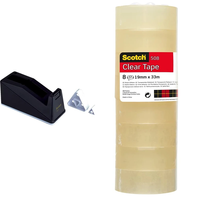 Scotch Desk Tape Dispenser - 1 C10 Scotch Weighted Dispenser Holding Tape up to 25 mm Wide and 66 m Long Black & Transparent Tape 508 - 8 Rolls - 19 mm x 33 m - General Purpose Clear Tape