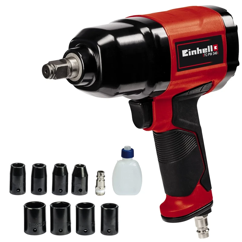 Einhell TC-PW 340 Compressed Air Impact Wrench (Max. Torque 340 Nm, Clockwise/Clockwise Rotation, Rubberised Handle, Includes 8 Sockets, Oil Bottle (Empty), Plug Nipple)