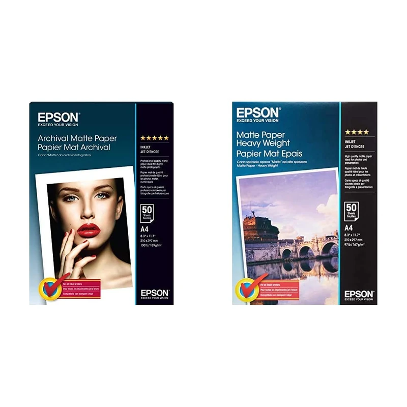 Epson Archival Matte Paper, A4, 210 x 297mm, 189 g/m2, 50 Sheets &A4 Matte Heavyweight Inkjet Paper (50 Sheets)