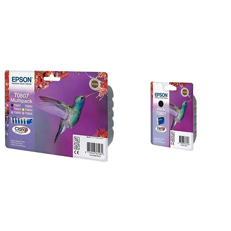 Epson Multipack Ink Cartridge for Stylus PH R265/R360, Six Colour Ink, Genuine &C13T08014011 Original T0801 Claria Ink Cartridge, Black, Genuine