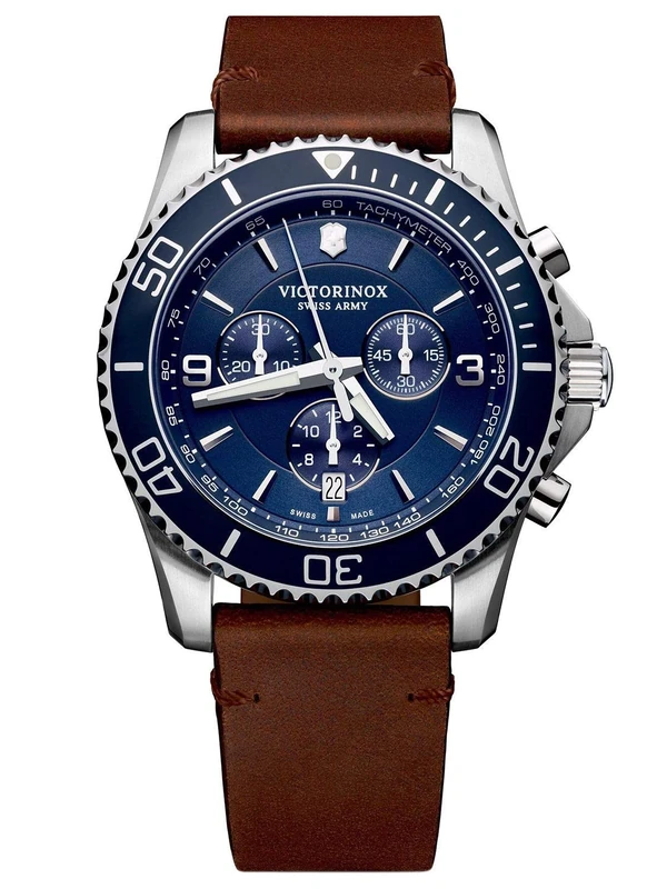 Victorinox Men’s Watch Maverick Chronograph Ø 43 mm, Swiss Made, Analogue Quartz, Water-Resistant up to 100 m, Leather Strap, Blue/Brown