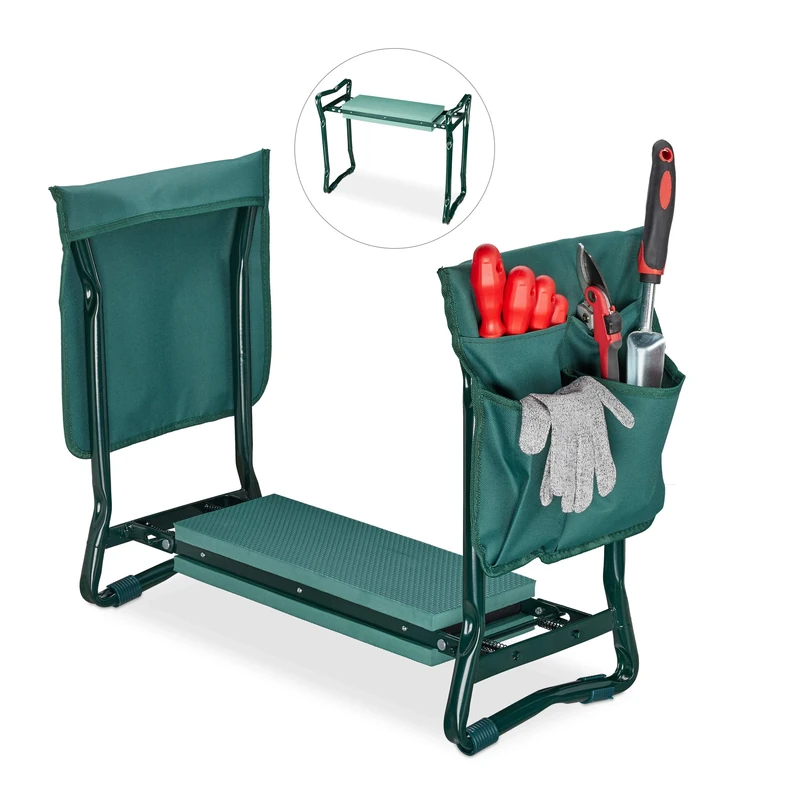 Relaxdays Garden Kneeler & Seat, Soft Knee Pad, 2 Side Pocket Bags, Foldable, 2in1, Up To 150 kg, 50x60x27.5cm, Green