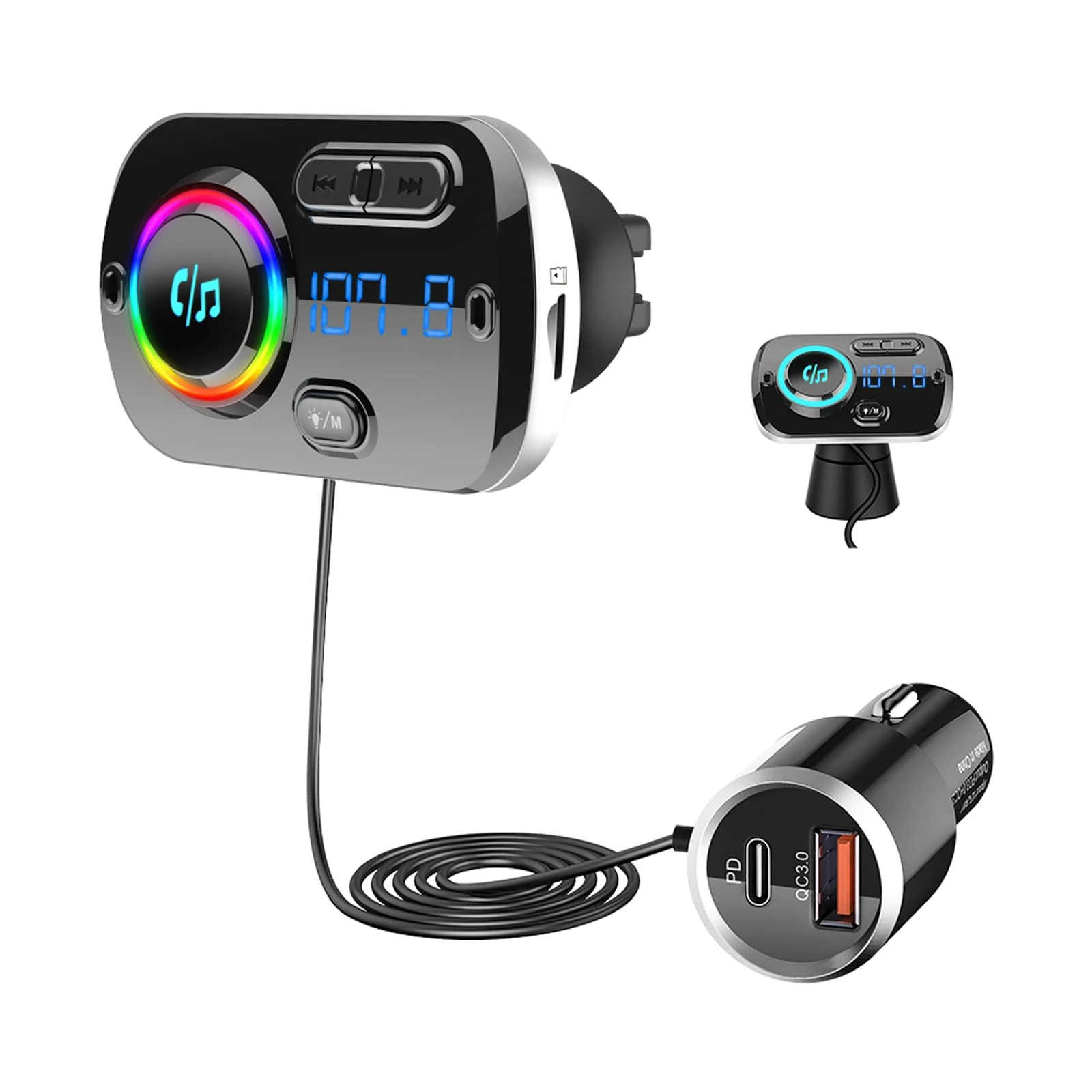 SONRU 2025 Newest FM Transmitter Bluetooth 5.3, Car Radio Adapter Hands-Free Car Kit, PD3.0 30W Type C & QC3.0 Fast Car Charger, Support TF Card, AUX Output, Crystal Sound, 1.1M Cable, 2 Install Ways