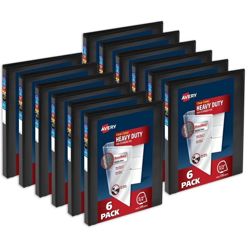 Avery Heavy-Duty View 3 Ring Binders, 0.5 Inch One Touch Slant Rings, 135-Sheet Capacity, DuraHinge, 0.7 Inch Wide Spine, Customizable Clear Cover and Spine, Black Binders (12-Pack of 79766)