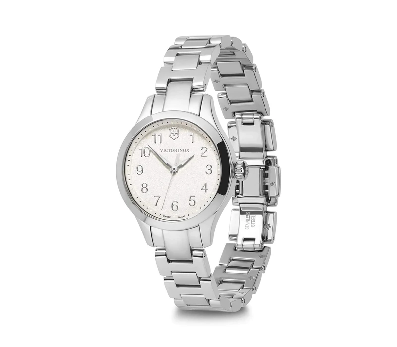 Victorinox Women’s Watch Alliance XS Ø 28 mm, Swiss Made, Analogue Quartz, Water-Resistant up to 100 m, Sapphire Glass, Stainless Steel Strap, White/Silver