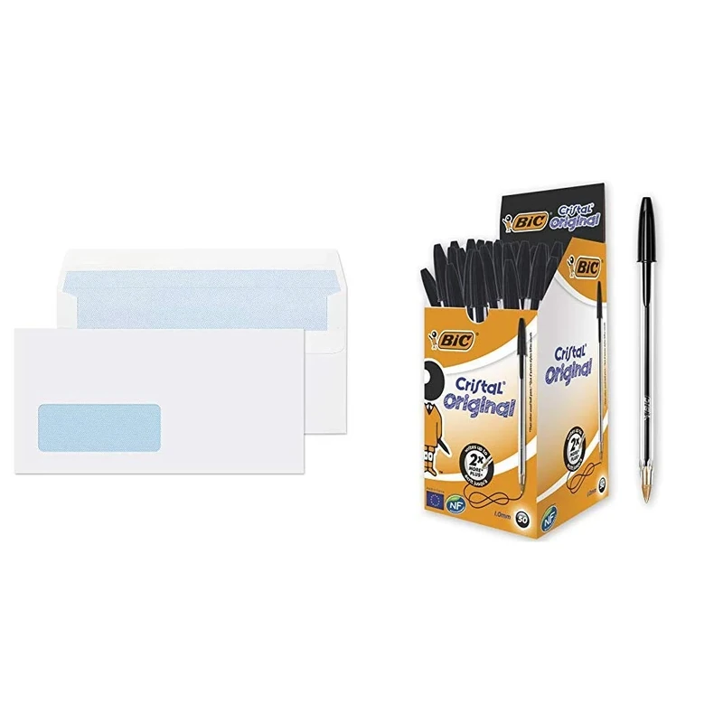 Blake Purely Everyday DL 110 x 220 mm 80gsm Self Seal Window Envelopes (FL2884) White - Pack of 1000 &BIC Cristal Original Ballpoint Pens Medium Point (1.0 mm) – Black, Box of 50