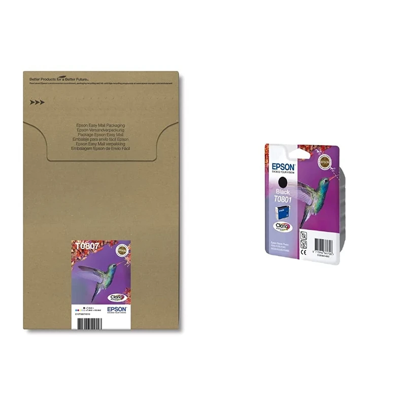 Epson Claria Photographic Ink, Six Colours, Multipack &C13T08014011 Original T0801 Claria Ink Cartridge, Black, Genuine