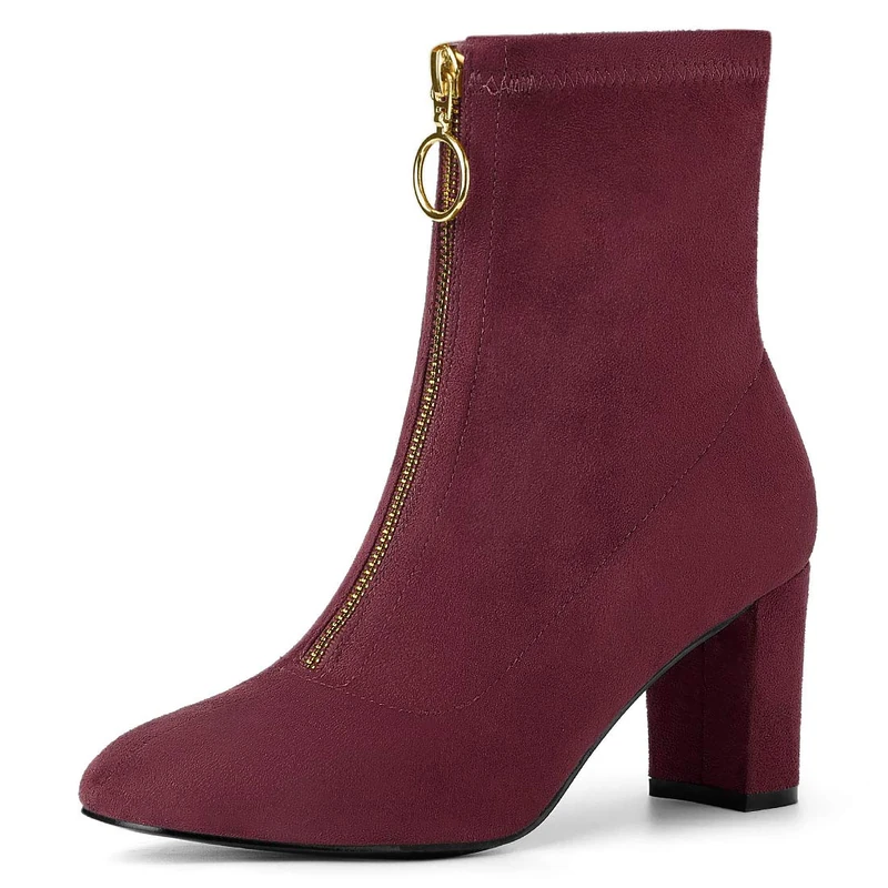 Allegra K Women's Front Zip Chunky High Heel Ankle Boots Burgundy 5 UK/Label Size 7 US